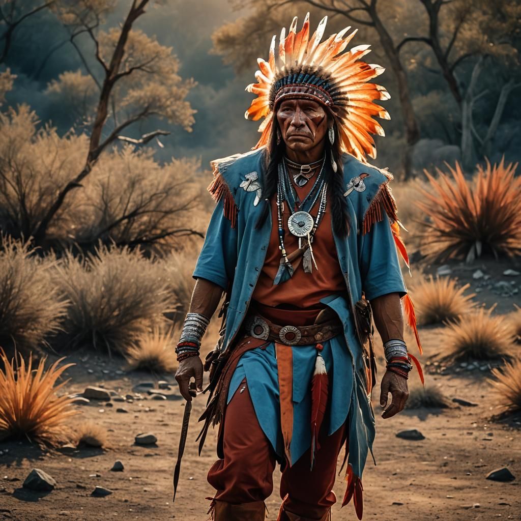 Native American in Carolina Blue and Sunset Orange