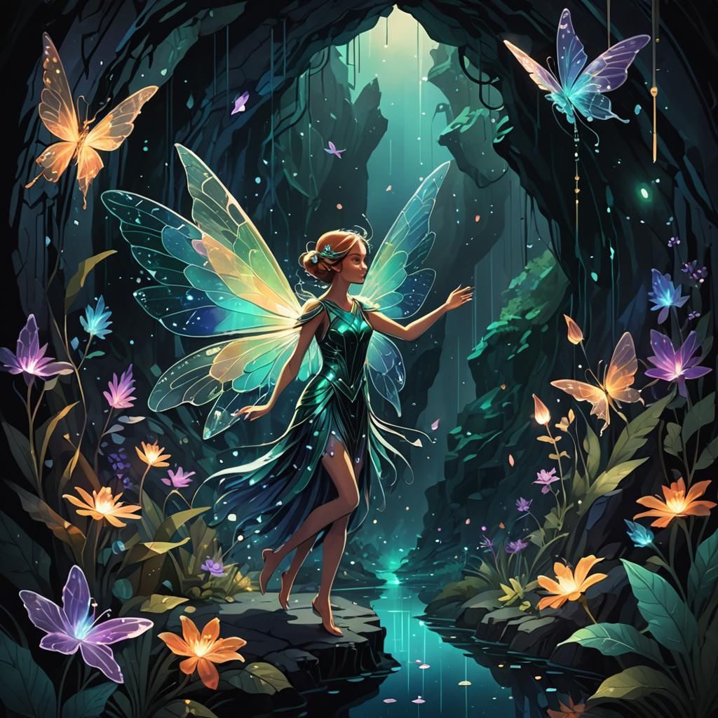 Fairy with Iridescent Wings in Crystal Cave