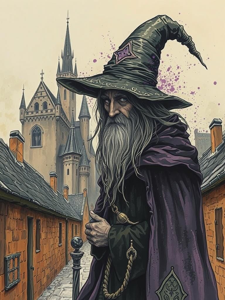 Fairytale Wizard Portrait with Ink Splatters
