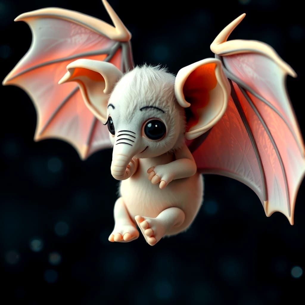 Whimsical Fruit Bat-Elephant Hybrid in Starry Night Sky