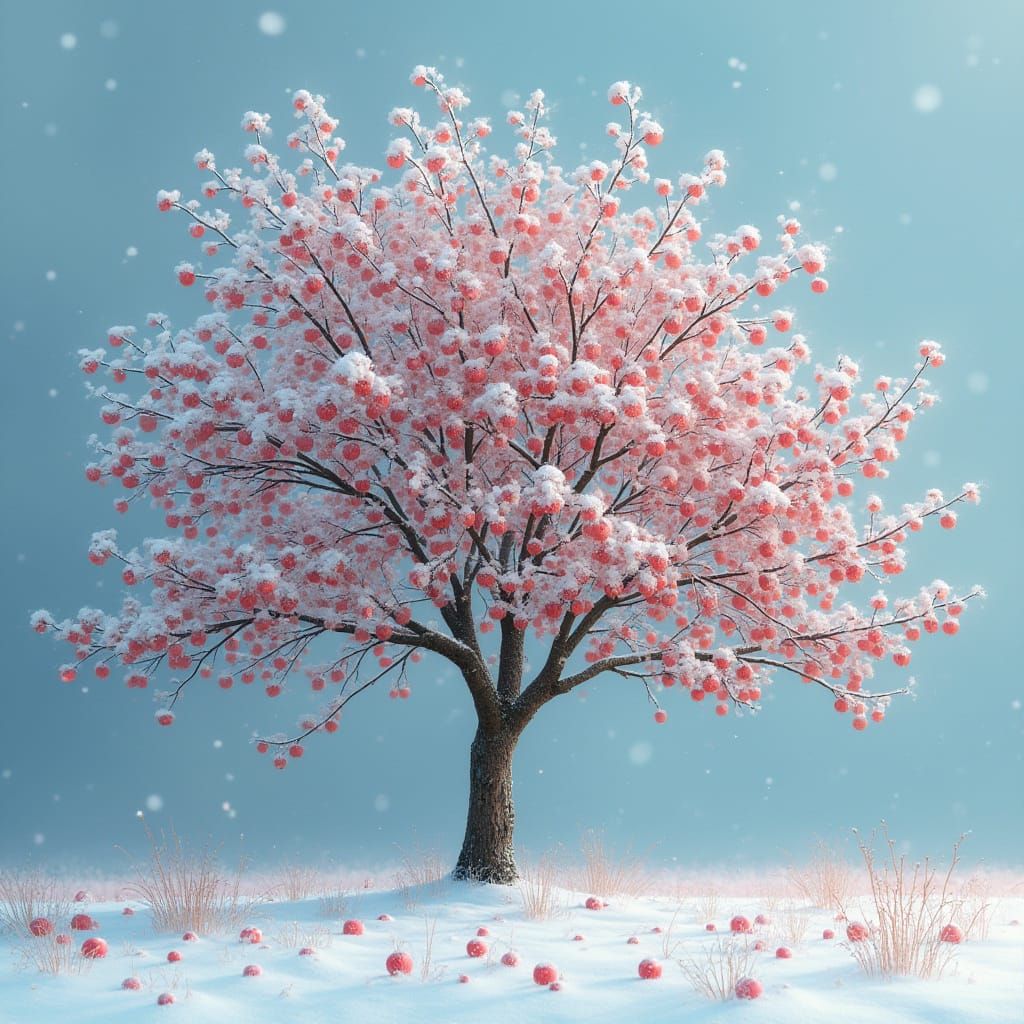 AI Art: Snow Covered Apple Tree in Winter Landscape
