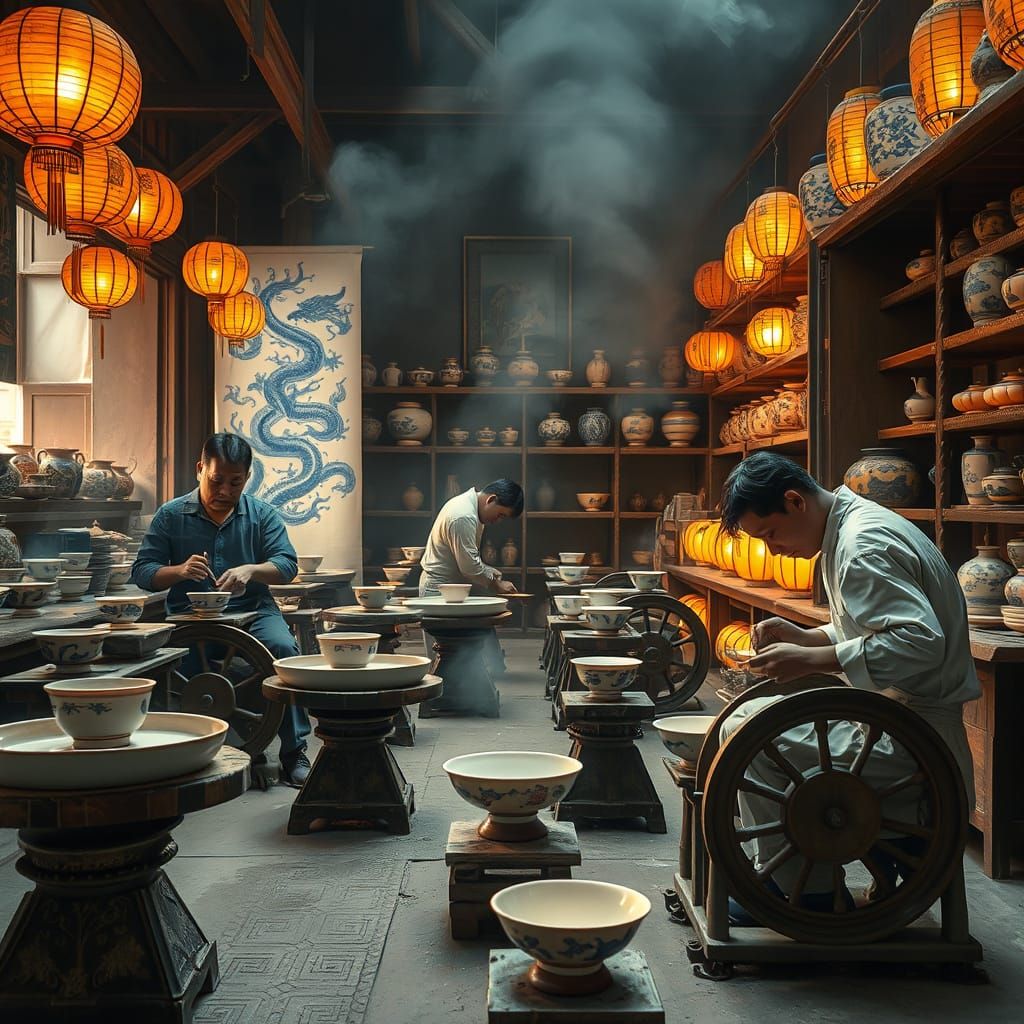 Artisans Crafting Porcelain in Ancient Jingdezhen Workshop