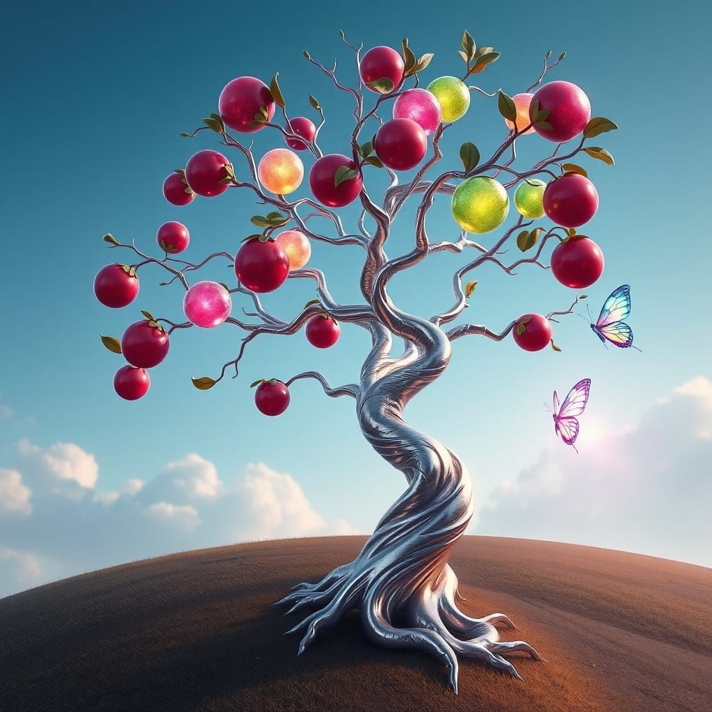 Luminous Fruit Tree in Polished Silver with Glowing Edelstei...