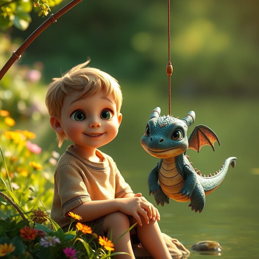 Boy Catches Baby Dragon: Whimsical Digital Art