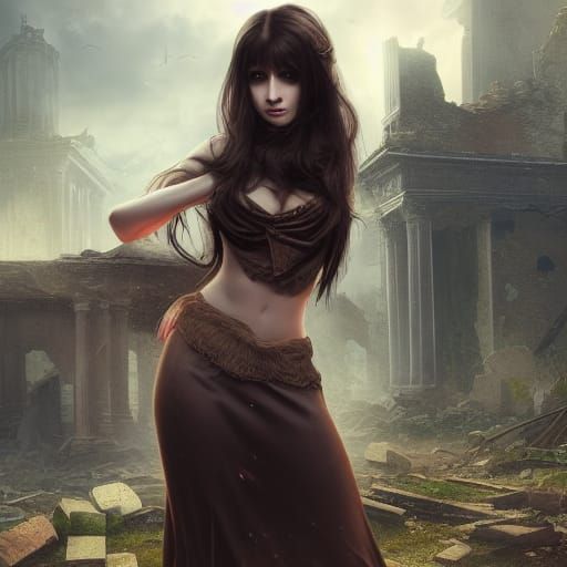 Shy Girl in Ruins: Detailed Matte Painting