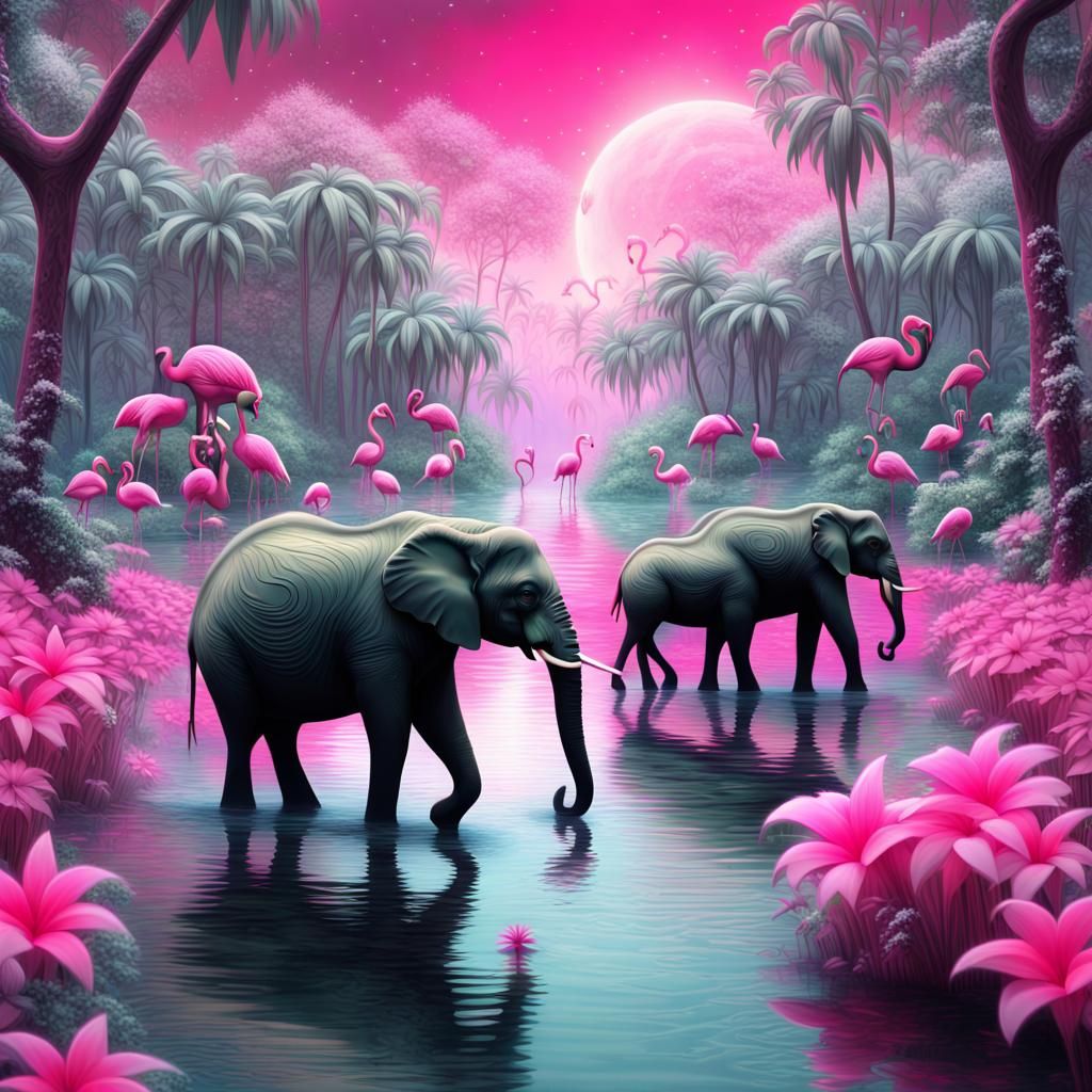 magical little elephants and flamingos in a wildlife flourishing  magical dreamynjungle...