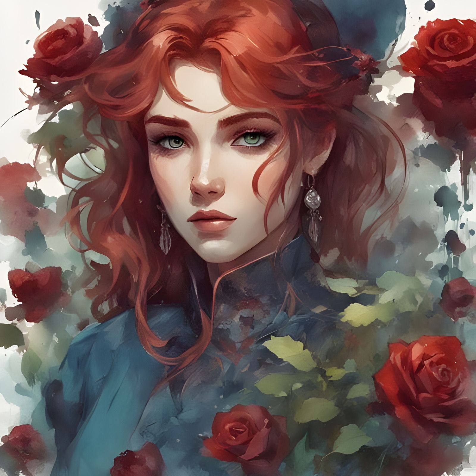 Portrait of a Beautiful Red-Haired Girl in Splash Art Style