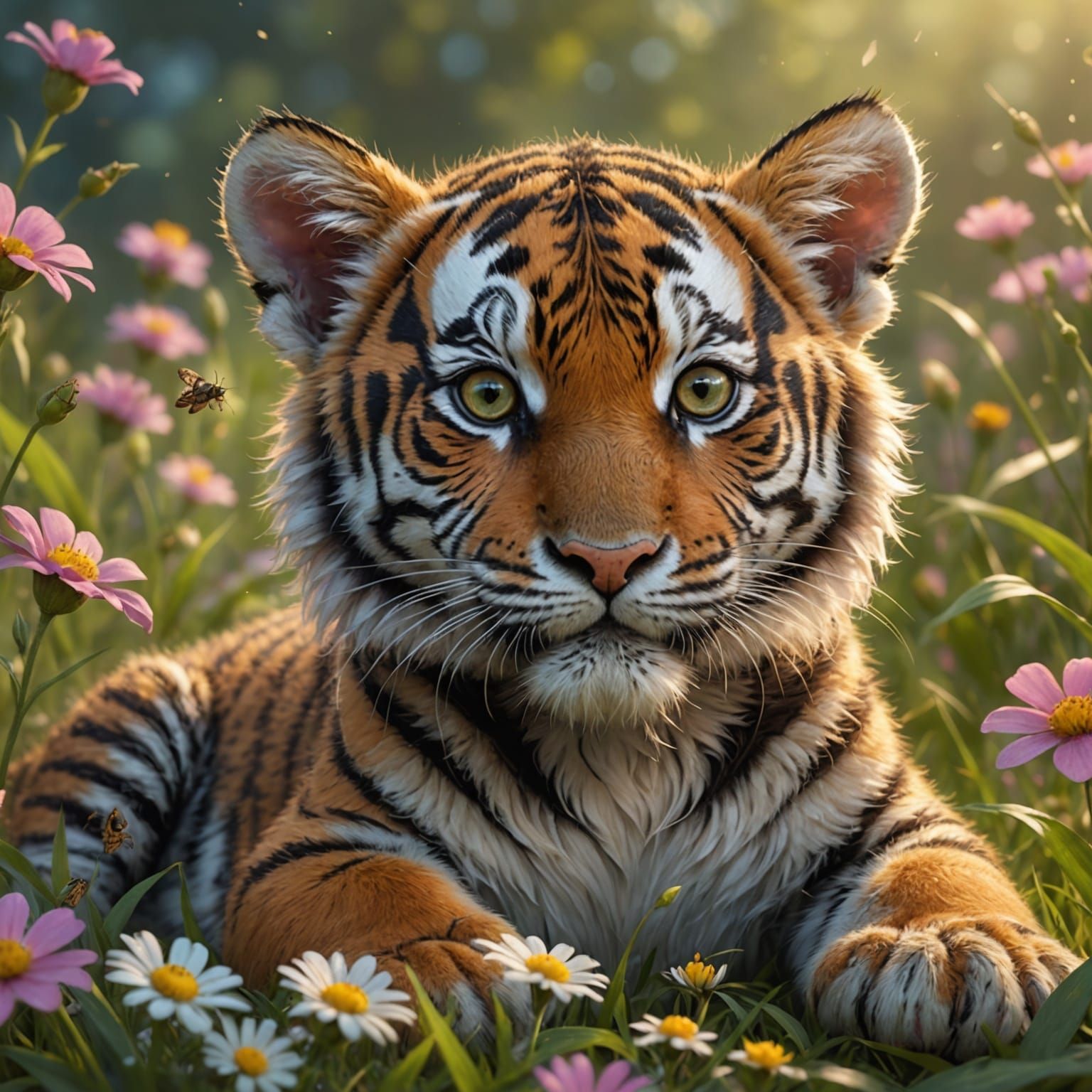 Cute Tiger Cub Portrait with Grasshopper