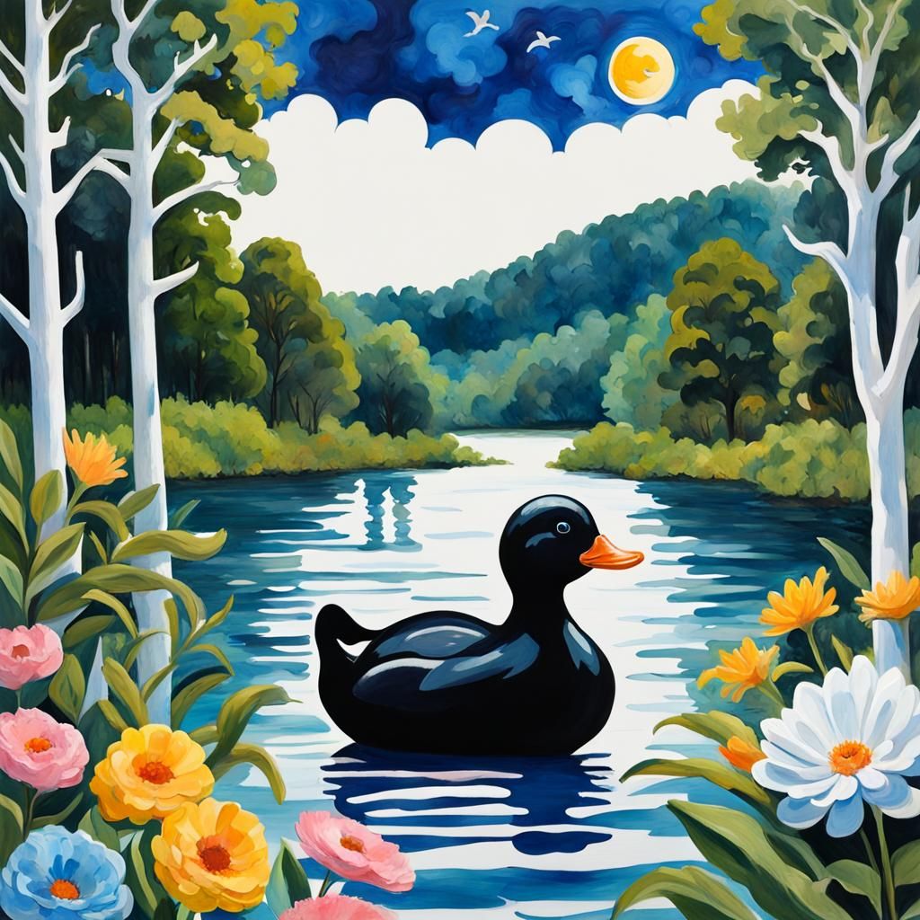 Black Lake Landscape with Rubber Duck in Gouache Style