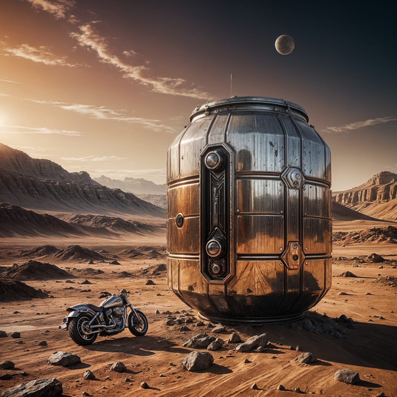 Futuristic Metallic Cylinder on the Martian Landscape