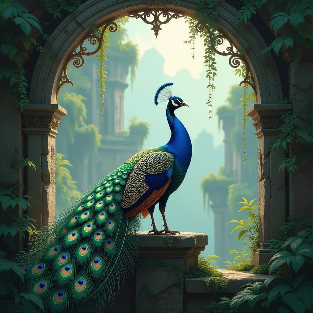 Steampunk Peacock on Ancient Archway in Bioluminescent Ruins