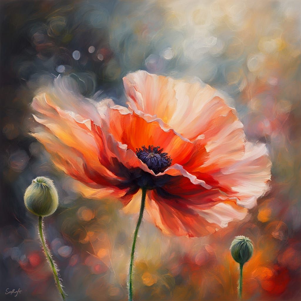 Gentle Scarlet Poppy in Smoky Haze