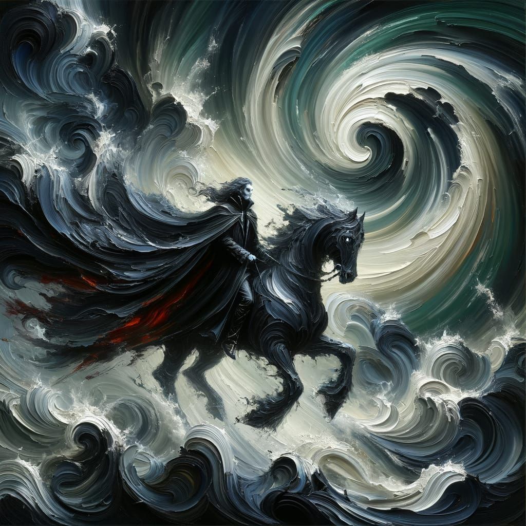 Vampire Lord on Luminous Stallion in Impasto Tempest