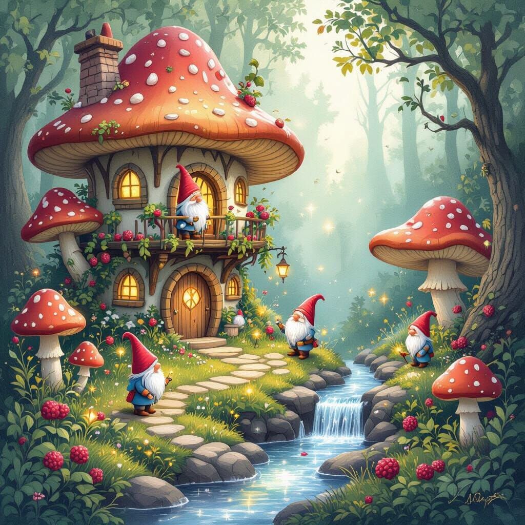 Gnome Village in Enchanted Mushroom Forest, Watercolor Art