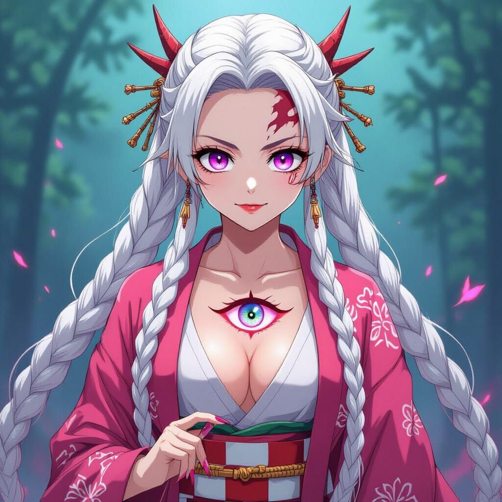 Anime Demon Girl with Pink Kimono and Third Eye