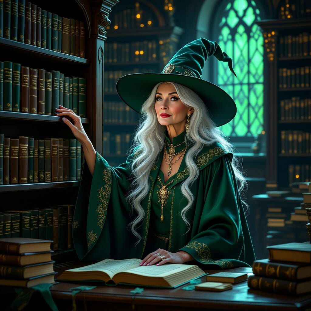 Elderly Witch in Library Oil Painting