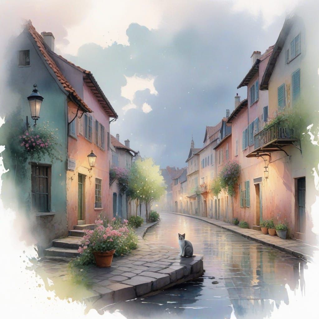 Kitten on Rainy Street in Pastel Watercolor Style