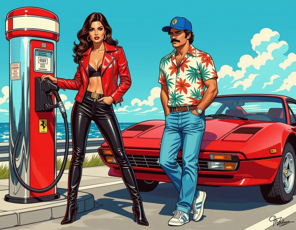 Woman at Gas Pump with Ferrari, in Comic Art Style