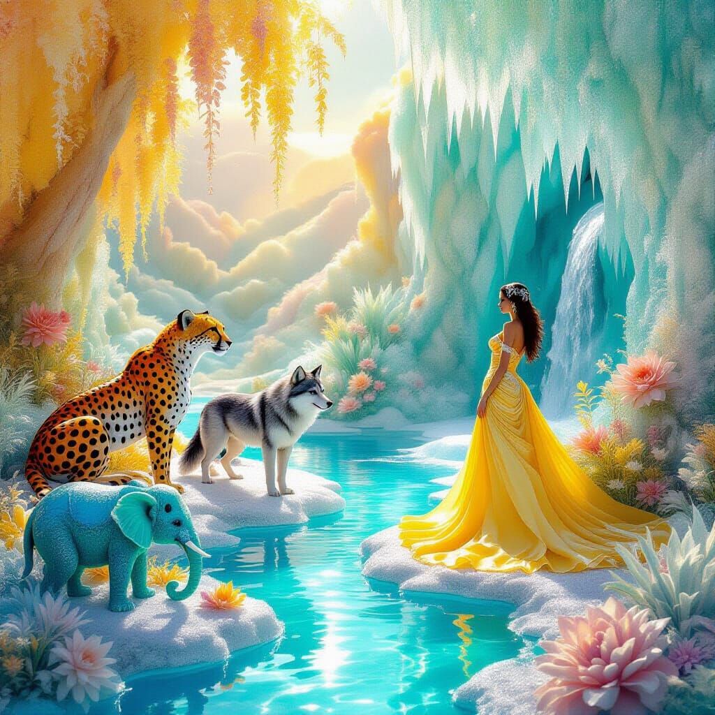 Surreal Sugar Glass Landscape with Animals and Woman