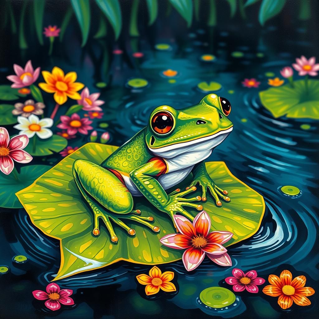 Green Frog in Graffiti Art Style on Lily Pad