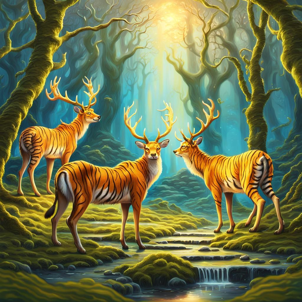 Mythical Creatures in Luminous Forest, Oil Painting