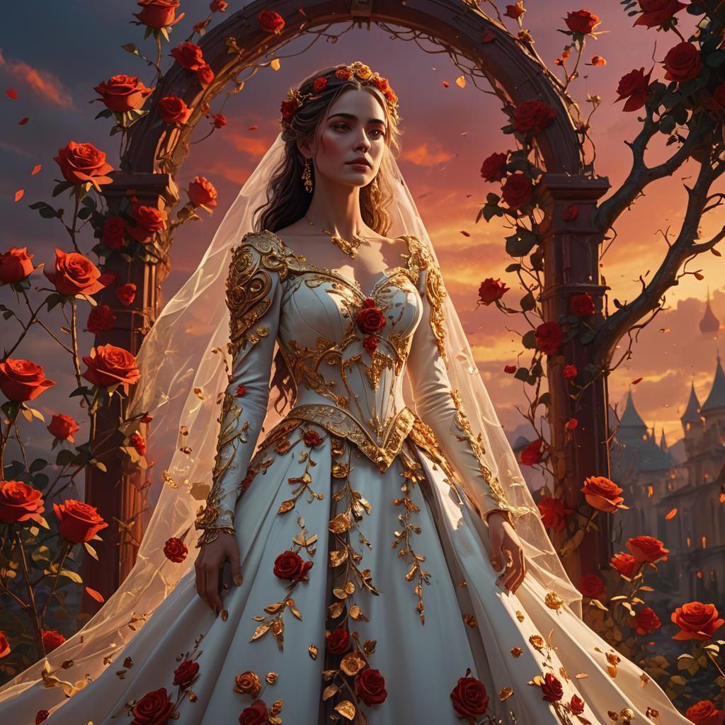Bride in Red Sky with Golden Roses