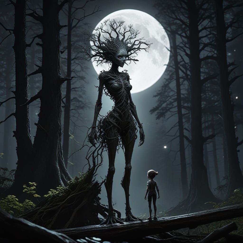 Glowing Ent Guardian Watches Over Innocent Child in Dark Fan...