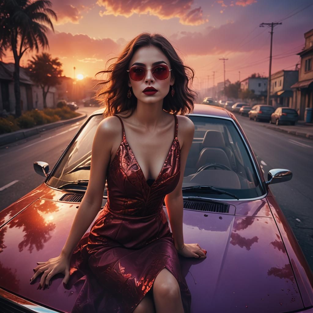 Brunette in Red Dress at Sunset, Art Nouveau Style