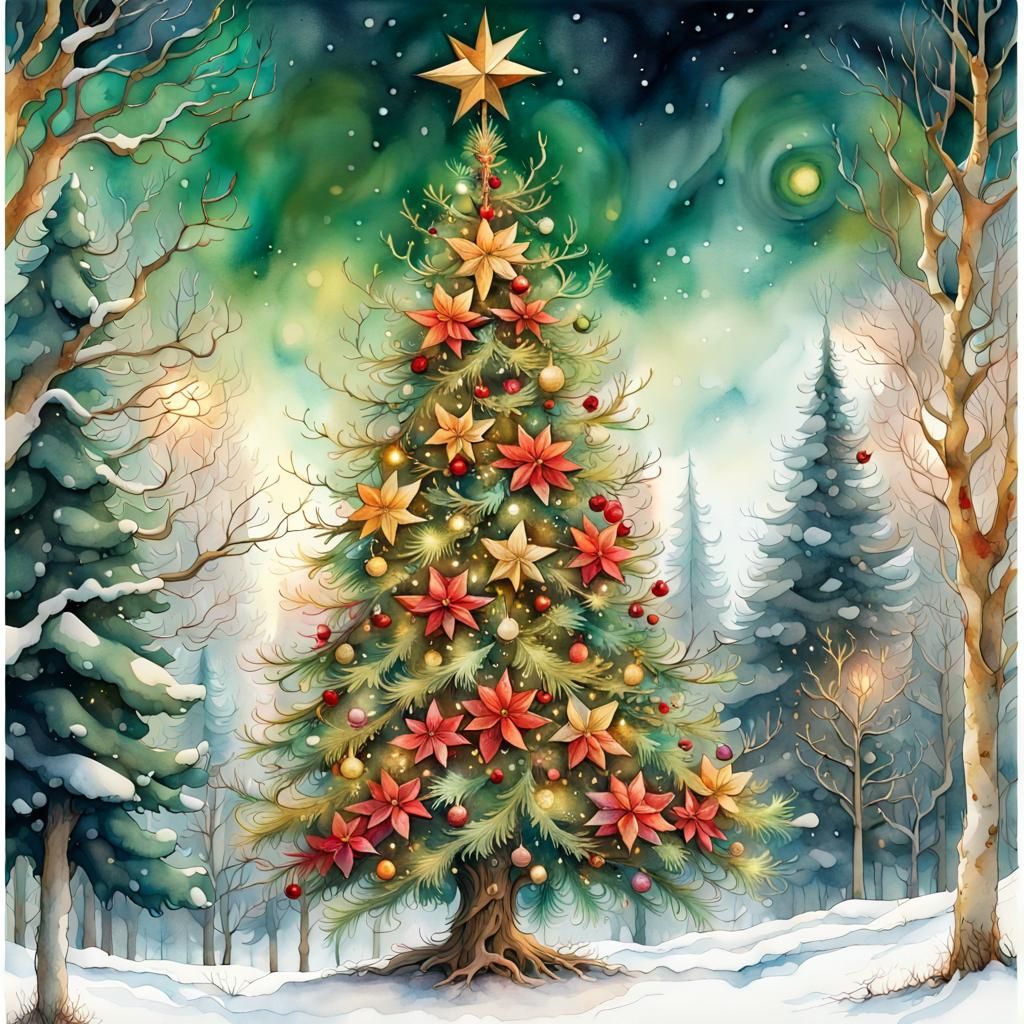 Christmas Tree Watercolor Painting in Winter Town