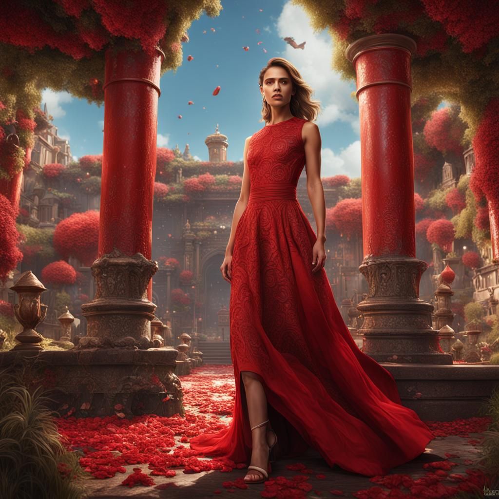 Max Guevara in Red Dress, Detailed Matte Painting