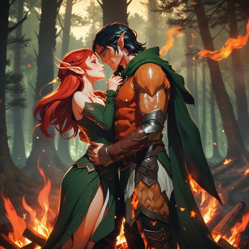 Anime-Style Elf Couple Embracing by Bonfire