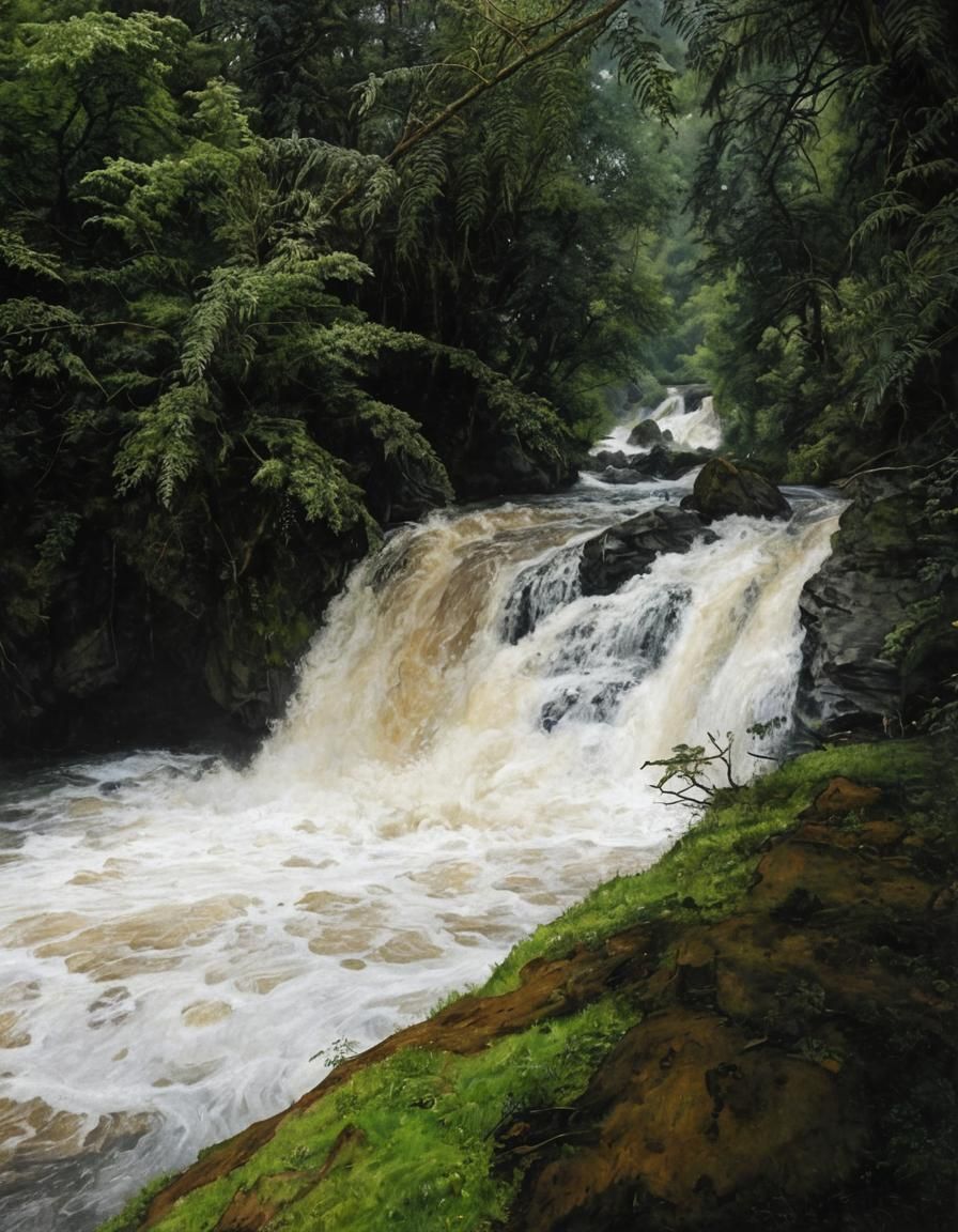 Detailed Charcoal Drawing of a Waterfall