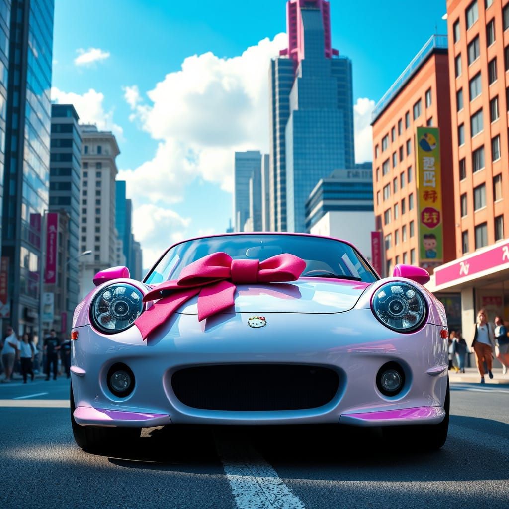 Hello Kitty Car in Bubblegum Pink, White, and Red, Detailed...