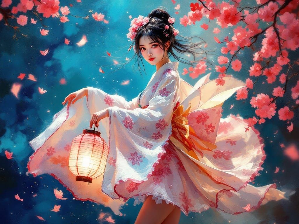 Impressionist Japanese Woman Dancing in Sakura Adorned Ponyt...