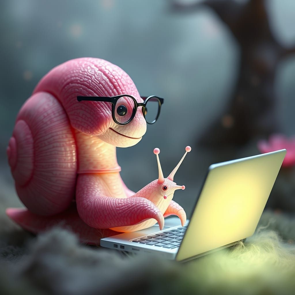 Pink Snail Surfing the Internet in Dreamy Mist