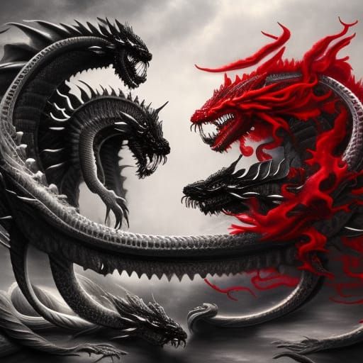 Yin Yang Dragons with Roses: Fantasy Concept Art