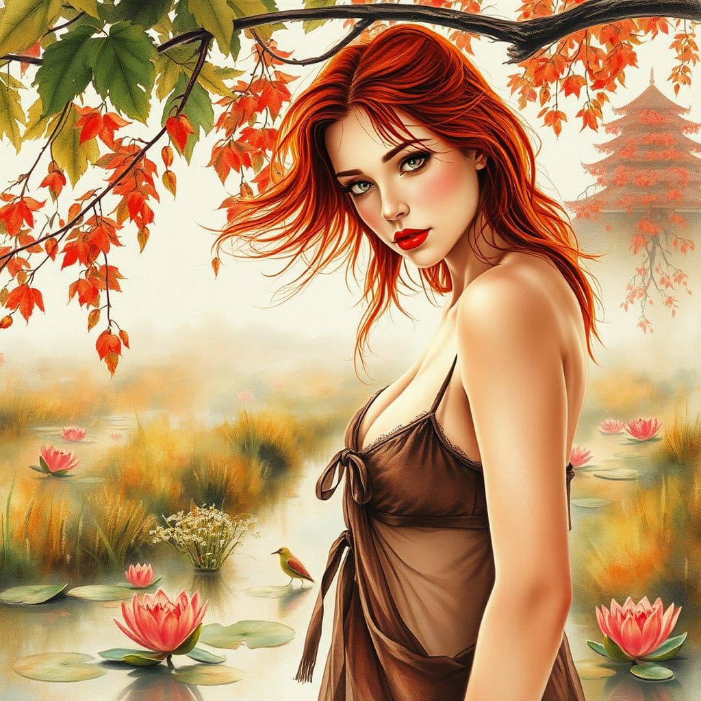 Autumn Marsh Landscape with Pin-up Figure
