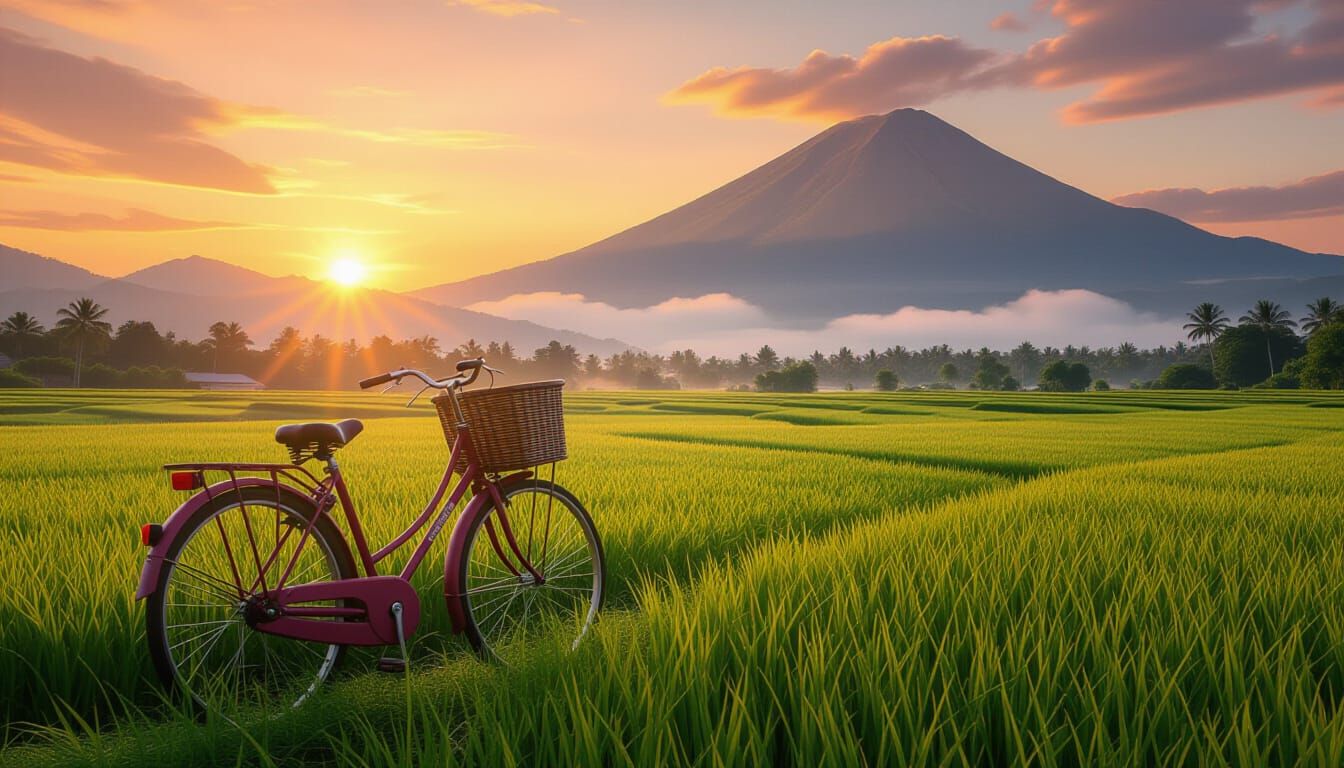 Vintage Bicycle in Indonesian Paddy Field at Sunset
