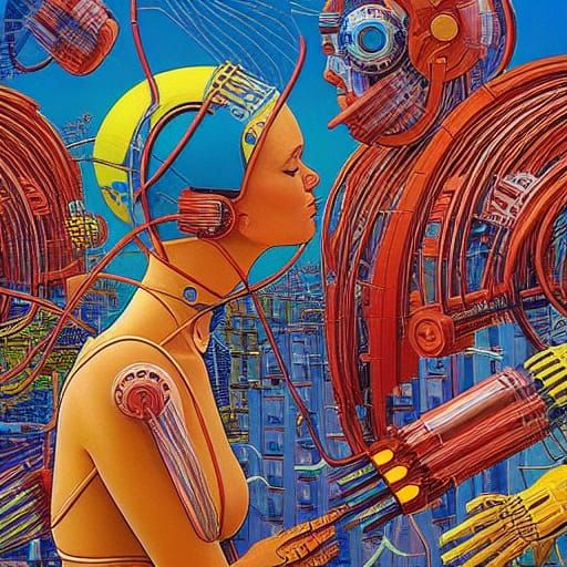 Retro Cyborgs Kissing with Electrical Spark