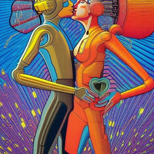 Retro Cyborgs Kiss with Electricity Spark