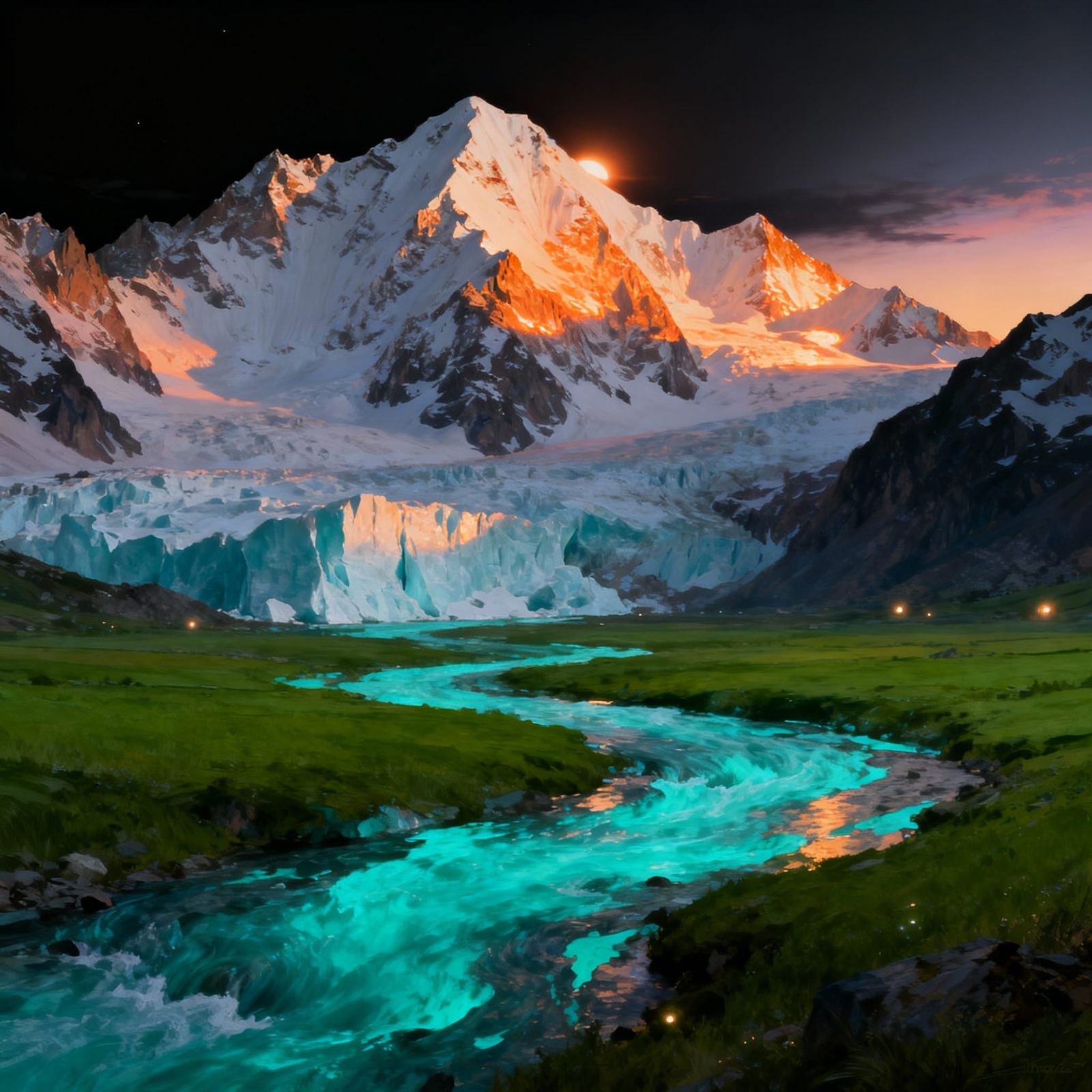 Twilight Landscape with Snowy Peaks and Melting Ice