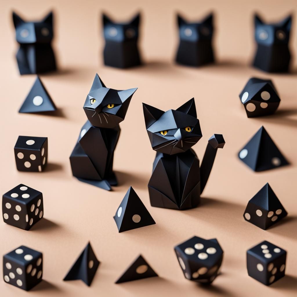 Black Cat Gambling with Dice in Origami Style