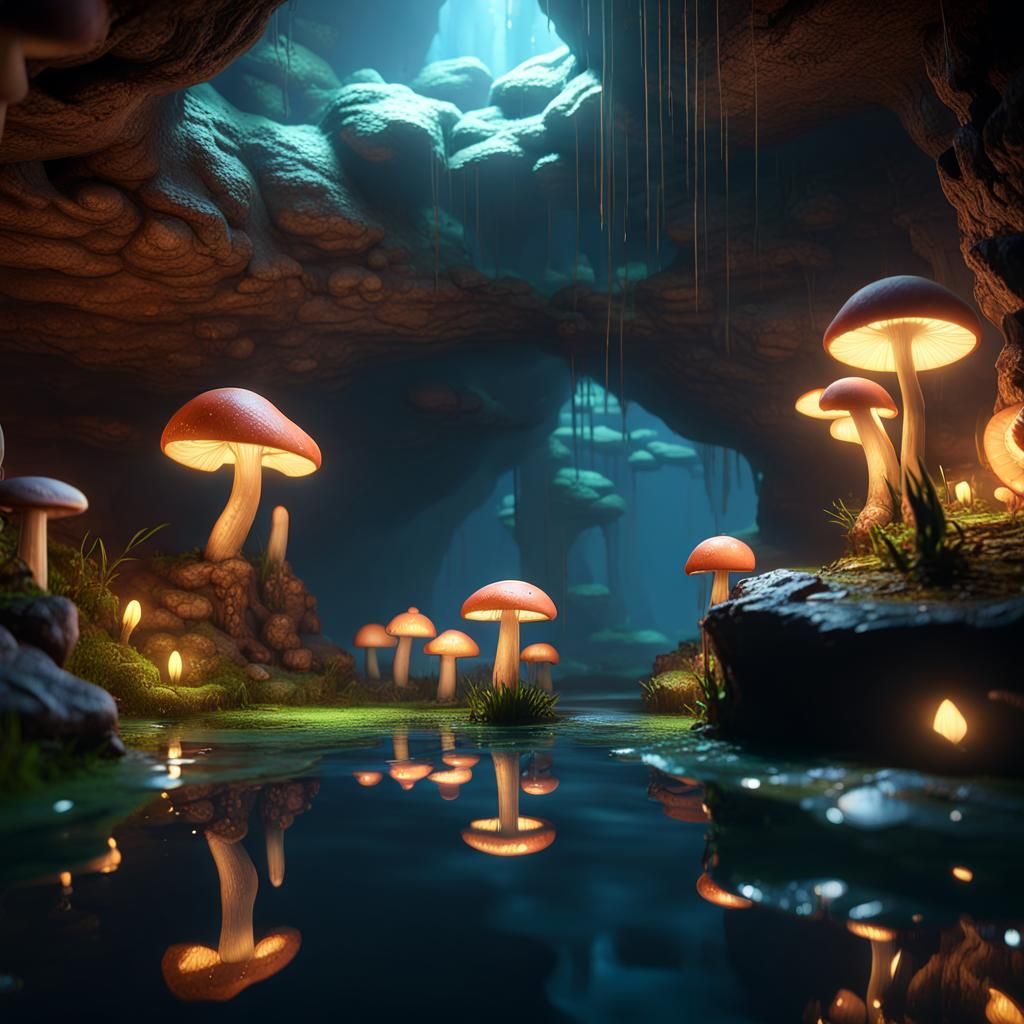 Glowing Mushrooms in an Underground Cave: 3D Render