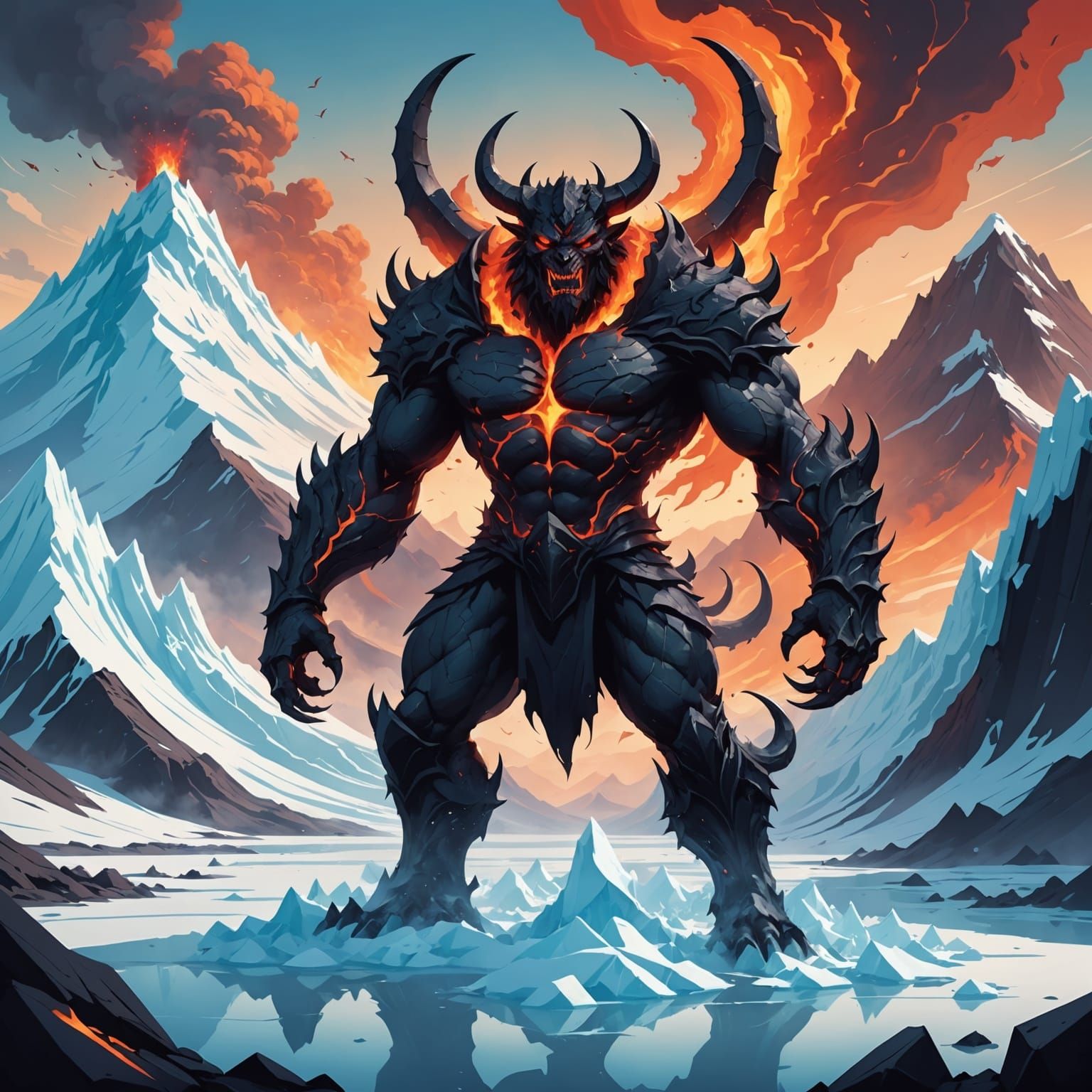 Demon Between Ice and Volcano Landscapes