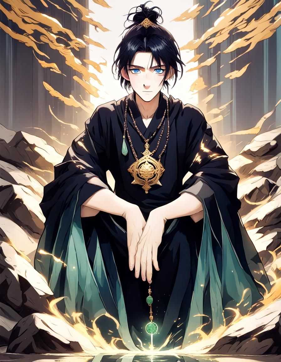 Arrogant Young Cultivator with Piercing Blue Eyes