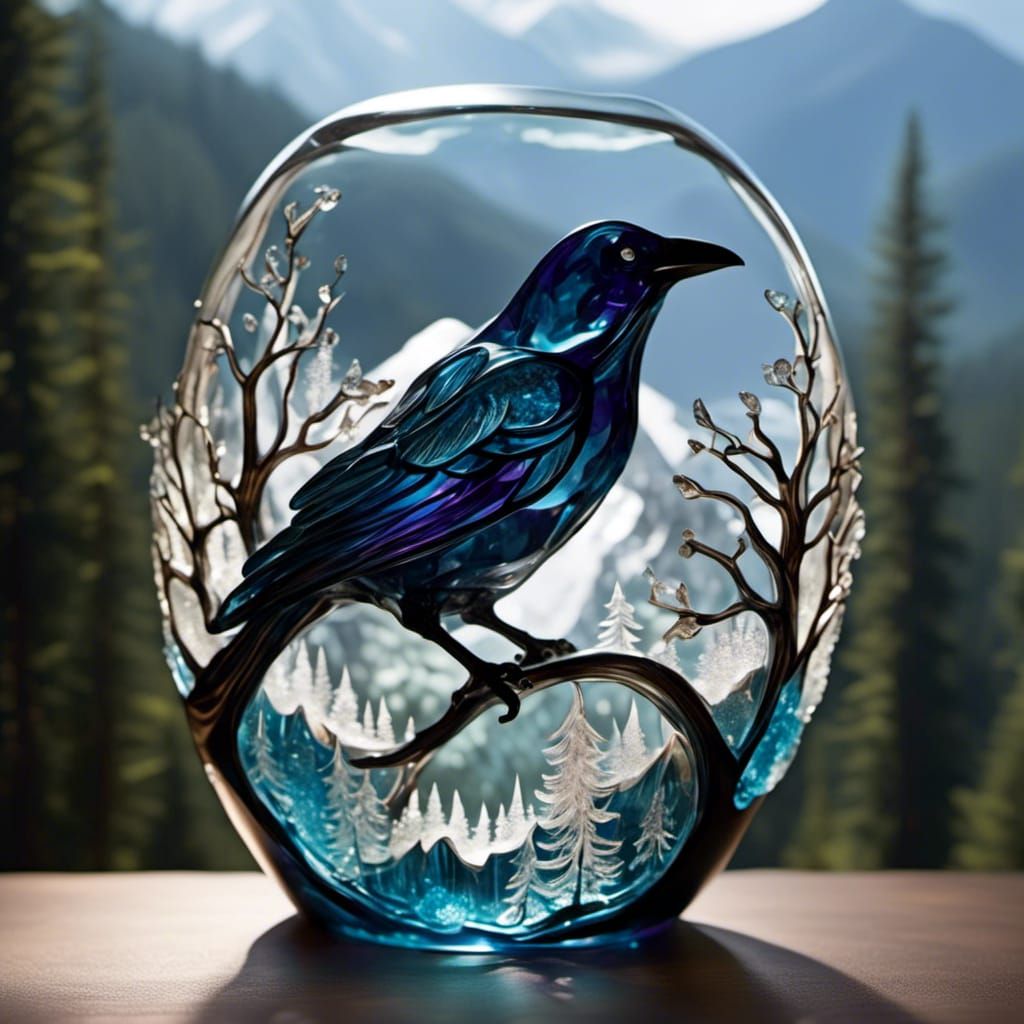 Glass Raven with Mountain Nature Inside