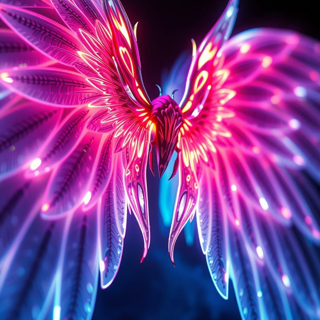 Glowing Wings in Cyberpunk Style Close-Up