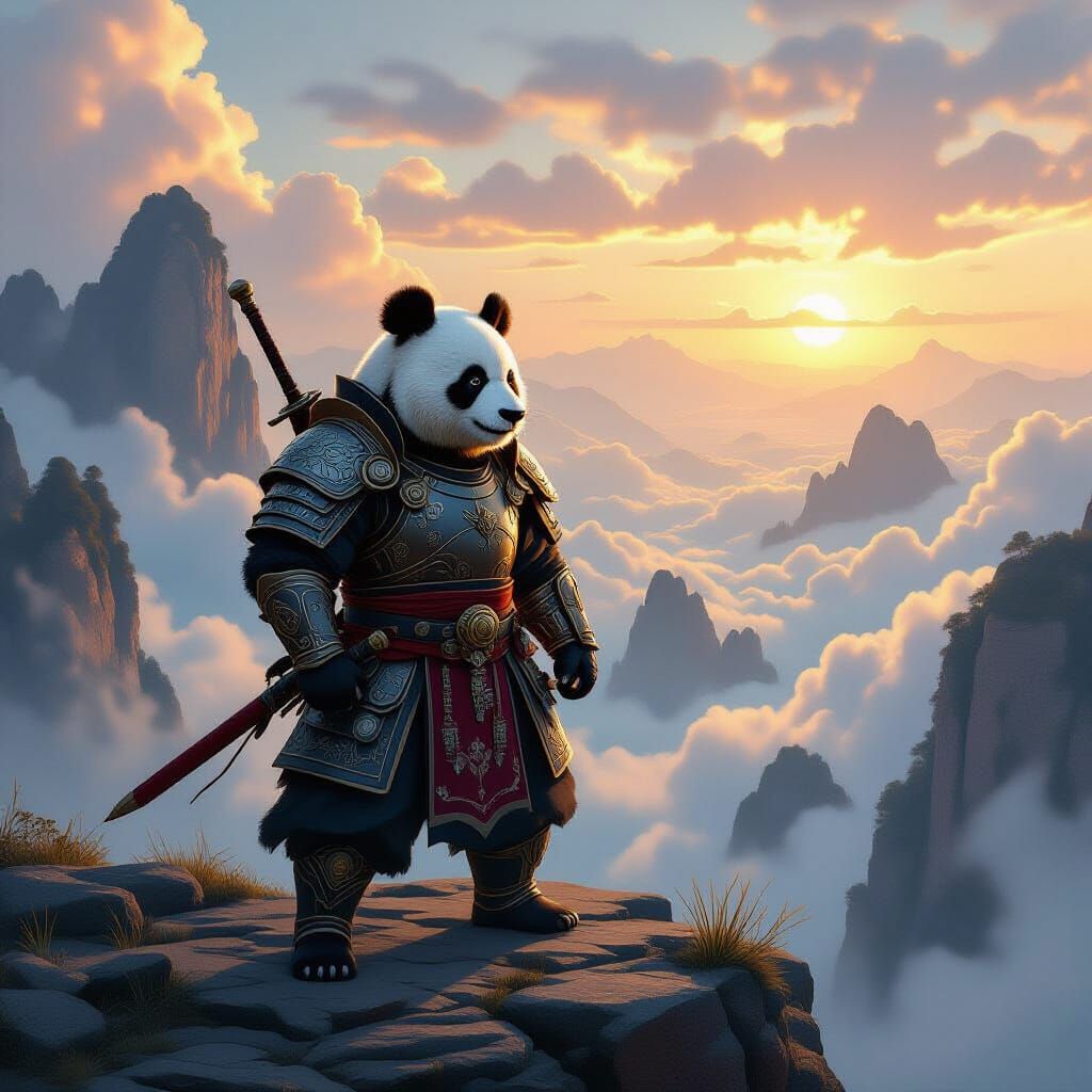 Warrior Panda Overlooking Cloud Canyon in WLOP Style