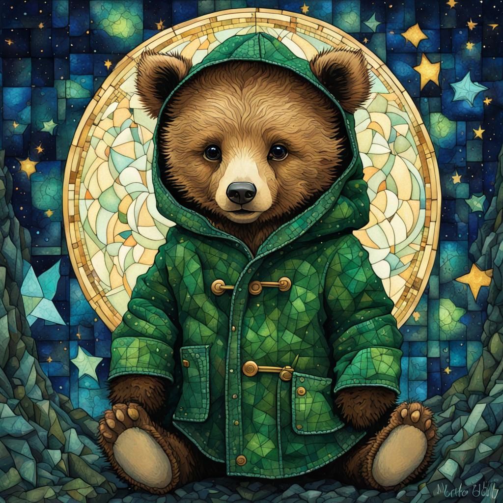 super cute baby bear cub dressed in a green wool coat, dark starry night, gorgeous detailed blue eyes, stained glass, fa...