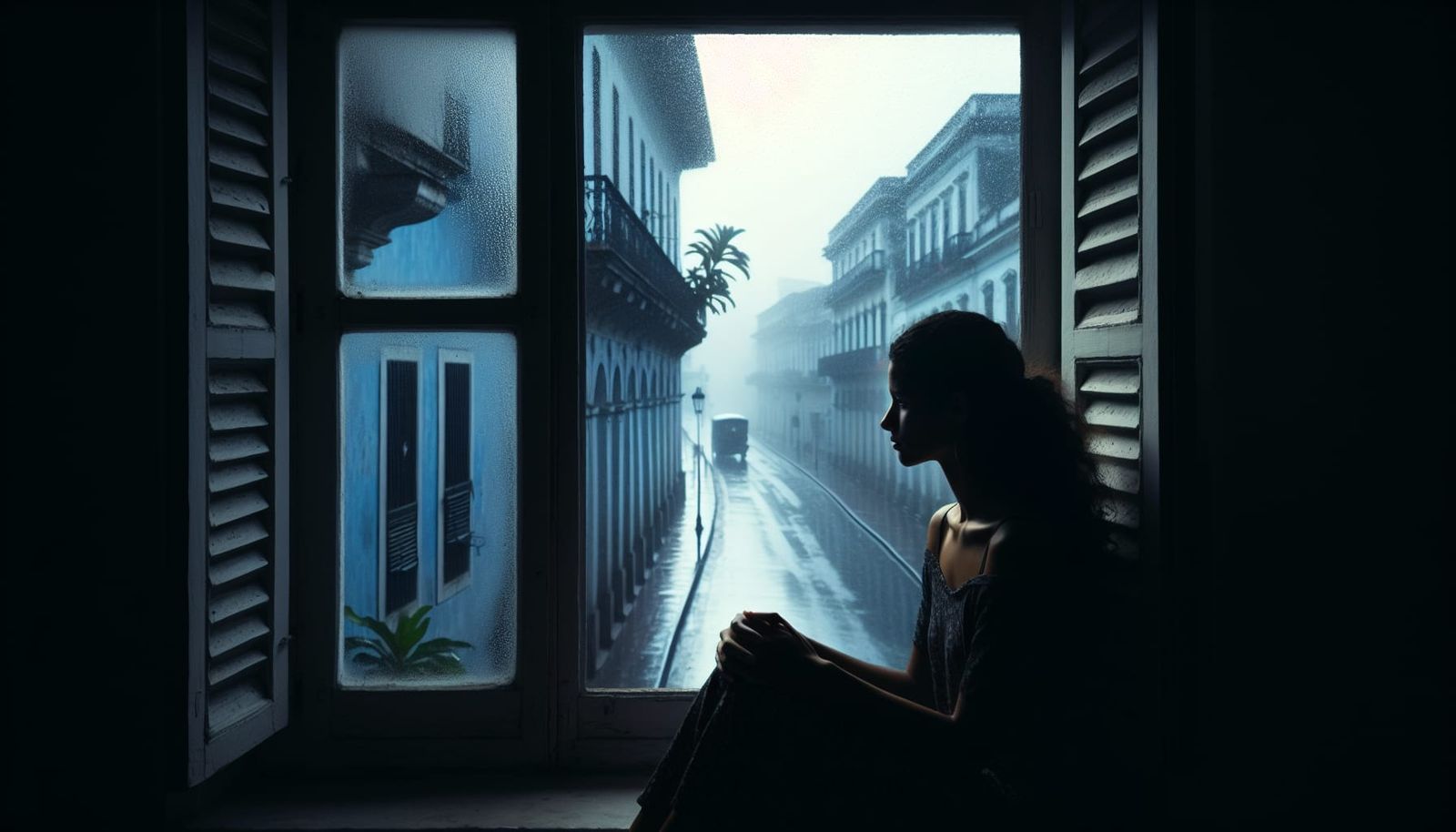Hispanic Woman Gazing at Rainy Street in Twilight